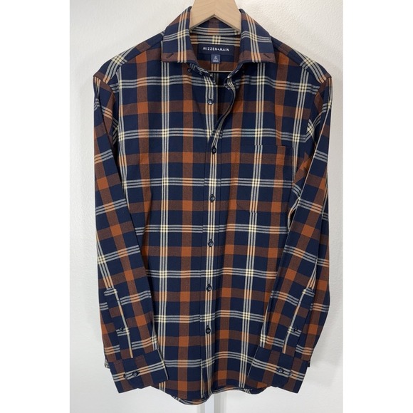 Mizzen+Main City Flannel Shirt Rust Orange Navy Blue Plaid Men's Size Medium - Picture 2 of 9